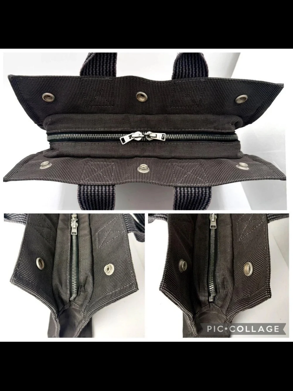 Hermes Dark Gray Canvas Messenger Tote with Webbed Straps